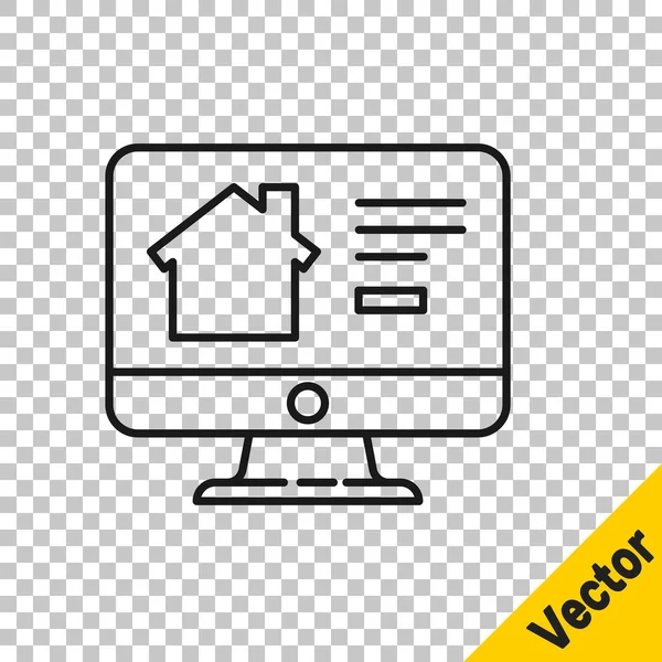 Black Line Online Real Estate House Monitor Icon Isolated Transparent — Stock Vector