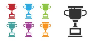 Beyaz arka planda siyah ödül kupa simgesi izole. Galibiyet ödülü sembolü. Şampiyonluk ya da yarışma kupası. Spor başarısı işareti. Simgeleri renklendirin. Vektör İllüstrasyonu.