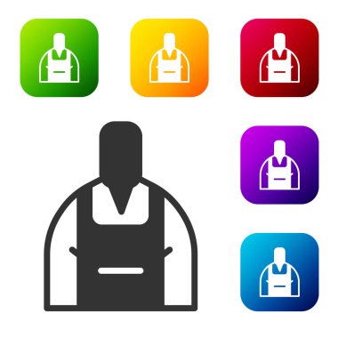 Siyah barista simgesi beyaz arkaplanda izole edilmiş. Renkli kare düğmelerle simgeleri ayarla. Vektör İllüstrasyonu.