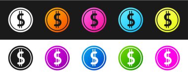 Siyah ve beyaz arkaplanda dolar sembolü simgesi olan bozuk para ayarlayın. Bankacılık işareti. Para sembolü. Vektör İllüstrasyonu.