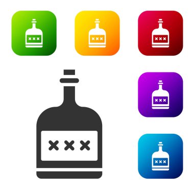 Beyaz arka planda izole edilmiş siyah alkol şişesi ikonu. Renkli kare düğmelerle simgeleri ayarla. Vektör İllüstrasyonu.