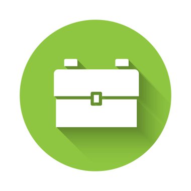 White School backpack icon isolated with long shadow. Green circle button. Vector Illustration.