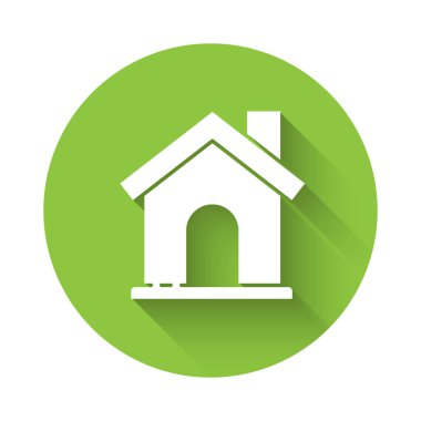 Beyaz Saray ikonu uzun gölgeli. Ev sembolü. Yeşil daire düğmesi. Vektör İllüstrasyonu.