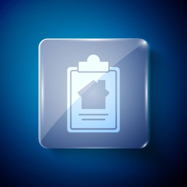 Beyaz Saray 'ın sözleşme ikonu mavi arka planda izole edildi. Sözleşme oluşturma hizmeti, belge oluşumu, başvuru formu bileşimi. Kare cam paneller. Vektör İllüstrasyonu.