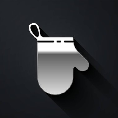 Siyah arka planda izole edilmiş gümüş fırın eldiveni ikonu. Mutfak tutacağı işareti. Yemek eldiveni. Uzun gölge tarzı. Vektör İllüstrasyonu.