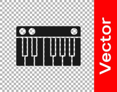 Siyah Müzik Sentezleyici simgesi şeffaf arkaplanda izole edildi. Elektronik piyano. Vektör İllüstrasyonu.