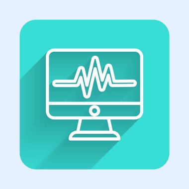 Uzun gölgeli, kardiyogram ikonlu beyaz çizgi bilgisayar monitörü. Simge denetleniyor. Kalp atışı elle çizilmiş EKG monitörü. Yeşil kare düğmesi. Vektör İllüstrasyonu.