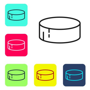 Beyaz arkaplanda siyah çizgi hokey diski simgesi izole edildi. Spor malzemeleri. Renkli kare düğmelerle simgeleri ayarla. Vektör İllüstrasyonu.