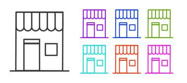 Siyah çizgi kahve dükkanı ikonu beyaz arka planda izole edilmiş. Simgeleri renklendirin. Vektör İllüstrasyonu.