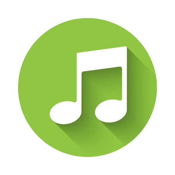 Biała Muzyka Dźwięk Ikony Izolowane Długim Cieniem Zielony Przycisk Koła — Wektor stockowy