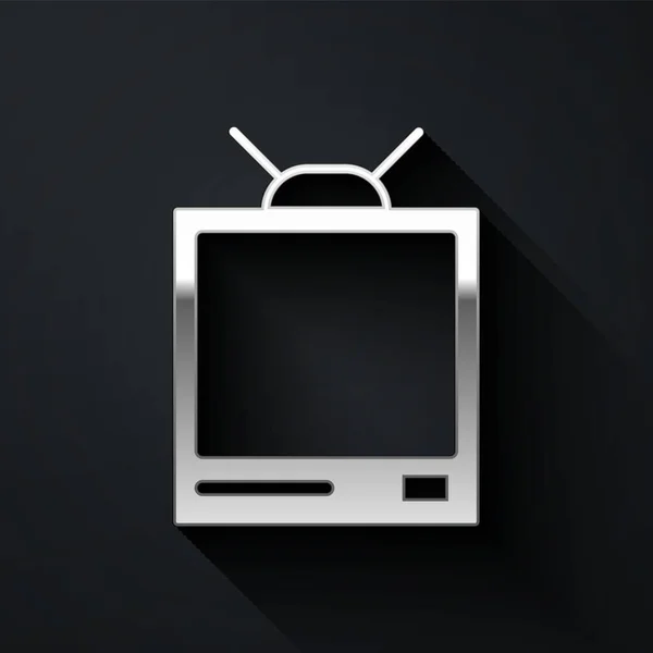 银色复古电视图标孤立在黑色背景 电视信号 长影子风格 病媒图解 — 图库矢量图片