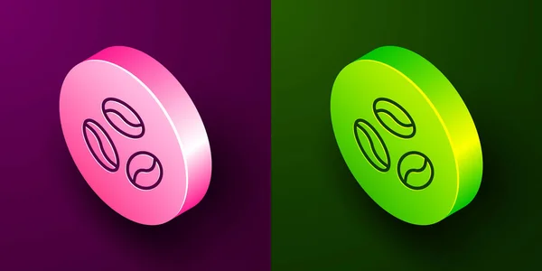 等距线咖啡豆图标分离在紫色和绿色背景 圆形按钮 病媒图解 — 图库矢量图片