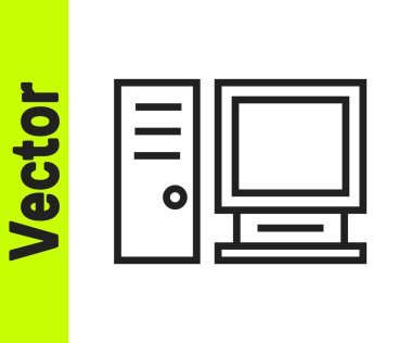 Siyah çizgi bilgisayar monitörü simgesi beyaz arkaplanda izole edildi. Bilgisayar bileşeni işareti. Vektör İllüstrasyonu.