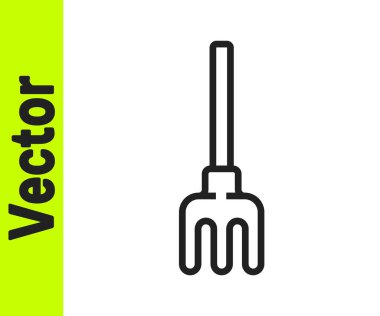 Siyah çizgi bahçe tırmık simgesi beyaz arkaplanda izole edildi. Bahçecilik, tarım, çiftçilik aleti. Toprak işçisi. Vektör İllüstrasyonu.