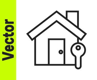 Beyaz arka planda anahtar simgesi olan siyah çizgi evi. Ev anahtarının konsepti. Vektör İllüstrasyonu.
