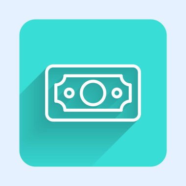 Beyaz çizgi kağıt para yığını uzun gölgeli izole nakit ikonu. Para desteleri. Para birimi. Yeşil kare düğmesi. Vektör İllüstrasyonu.