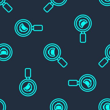 Yeşil çizgi büyüteç ve avro sembolü mavi arka planda izole edilmiş pürüzsüz desen. Para bul. Para arıyorum. Vektör İllüstrasyonu.