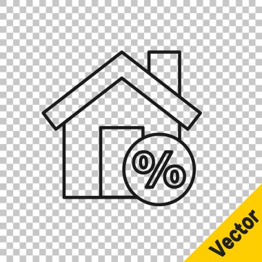 Şeffaf arkaplanda izole edilmiş indirimli etiket simgesine sahip siyah çizgi evi. Evin yüzdesi tabela fiyatı. Emlak evi. Vektör İllüstrasyonu.