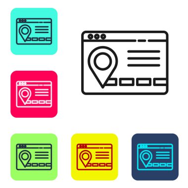 Şehir haritası yön bulma simgesinin siyah çizgi bilgileri beyaz arkaplanda izole edildi. Mobil Uygulama Arayüzü tasarımı. Coğrafi konsept. Renkli kare düğmelerle simgeleri ayarla. Vektör İllüstrasyonu.
