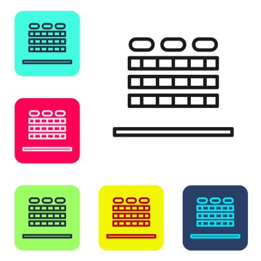 Beyaz arka planda siyah çizgi sinema salonu ve koltuk ikonu var. Renkli kare düğmelerle simgeleri ayarla. Vektör İllüstrasyonu.