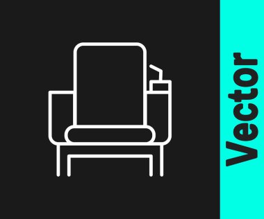 Beyaz çizgi sinema koltuğu simgesi siyah arkaplanda izole edildi. Vektör İllüstrasyonu.