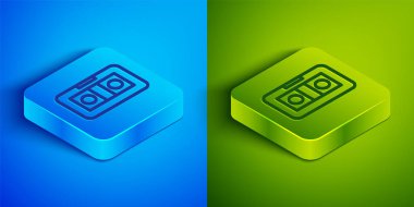 Isometric line VHS video kaset ikonu mavi ve yeşil arkaplanda izole edildi. Kare düğmesi. Vektör İllüstrasyonu.