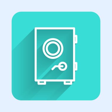 Beyaz çizgi güvenli simgesi uzun gölgeli. Kapı, şifreli bir banka kasası. Güvenilir Veri Koruma. Yeşil kare düğmesi. Vektör İllüstrasyonu.