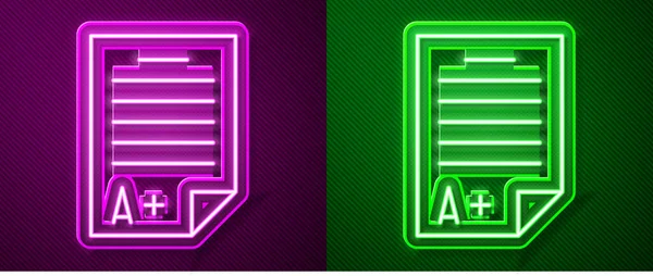 Glowing Neon Line Exam Sheet Grade Icon Isolated Purple Green — Stock Vector