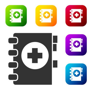 Siyah tıbbi pano beyaz arka planda izole edilmiş klinik kayıt simgesine sahip. Reçete, tıbbi kontrol işaretleri raporu. Renkli kare düğmelerle simgeleri ayarla. Vektör İllüstrasyonu.