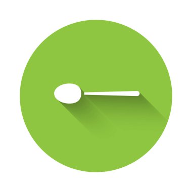 Beyaz kaşık simgesi uzun gölgeli izole edilmiş. Mutfak aletleri. Çatal bıçak seti. Yeşil daire düğmesi. Vektör İllüstrasyonu.