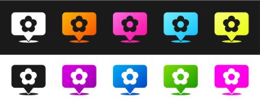 Siyah ve beyaz arkaplanda izole edilmiş çiçek simgesine sahip konumu belirle. Vektör İllüstrasyonu.