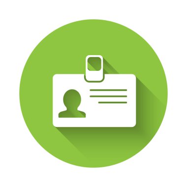 Beyaz tanımlama rozeti simgesi uzun gölge ile yalıtılmış. Bu sunum, şirketin kimliği, reklam için kullanılabilir. Yeşil daire düğmesi. Vektör Illustration.