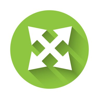 Beyaz Yol trafik tabelası. İşaret direği simgesi uzun gölgeyle izole edildi. İşaretçi sembolü. İzole sokak bilgi levhası. Yön tabelası. Yeşil daire düğmesi. Vektör İllüstrasyonu.