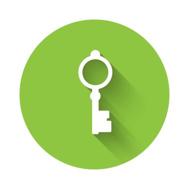 Uzun gölgeli beyaz eski anahtar simgesi. Yeşil daire düğmesi. Vektör İllüstrasyonu.