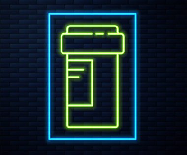 Parlayan neon hattı tıp şişesi simgesi tuğla duvar arkasında izole edilmiş. Şişe hapı işareti. Eczane tasarımı. Vektör İllüstrasyonu.