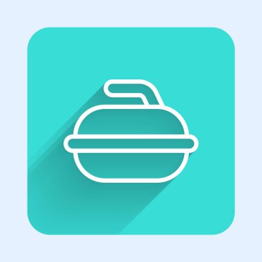 Curling sporu ikonu için beyaz çizgi taşı uzun gölgeli izole edilmiş. Spor malzemeleri. Yeşil kare düğmesi. Vektör İllüstrasyonu.