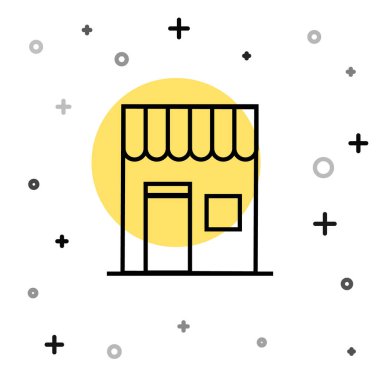 Siyah çizgi kahve dükkanı ikonu beyaz arka planda izole edilmiş. Rastgele dinamik şekiller. Vektör İllüstrasyonu.