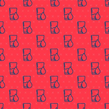 Mavi çizgili cam, kırmızı arkaplanda su ikonu izole edilmiş. Soda bardağı. Vektör İllüstrasyonu.