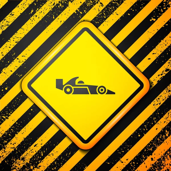 Zwarte Formule Raceauto Pictogram Geïsoleerd Gele Achtergrond Waarschuwingsbord Vector Illustratie — Stockvector