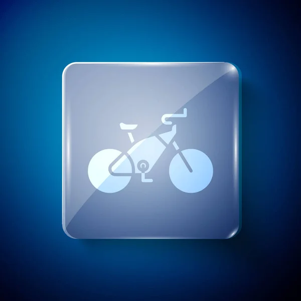 青い背景に白い自転車のアイコンが隔離されています 自転車レースだ 極端なスポーツだ スポーツ用具 正方形のガラスパネル ベクターイラスト — ストックベクタ