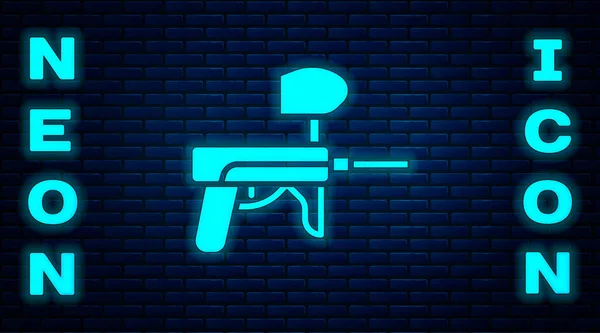 レンガの壁の背景に隔離されたネオンペイントボール銃のアイコンを光る ベクターイラスト — ストックベクタ