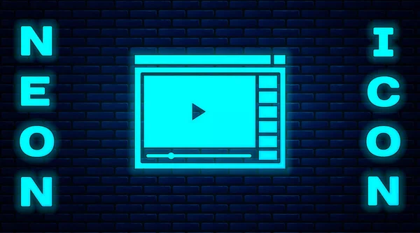 Zářící Neon Online Přehrát Video Ikonu Izolované Cihlové Zdi Pozadí — Stockový vektor