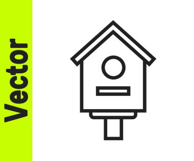 Beyaz arka planda siyah çizgi kuş evi simgesi izole edildi. Yuva kutusu kuş evi, kuşlar için ev yapımı bina. Vektör İllüstrasyonu.