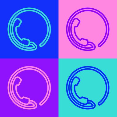 Pop Sanat Hattı Telefon. Renkli arka planda 24 saat destek ikonu var. Tüm gün müşteri destek merkezi. Tam zamanlı çağrı servisi. Vektör İllüstrasyonu.