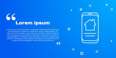 Beyaz Hat Çevrimiçi emlak evi mavi arka planda izole akıllı telefon ikonu. Ev kredisi konsepti, kira, satın alma, mülk alma. Vektör İllüstrasyonu.