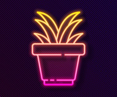 Siyah arkaplanda izole edilmiş tencere simgesinde parlayan neon hattı çiçeği. Tencerede yetişen bir bitki. Saksı bitkisi işareti. Vektör İllüstrasyonu.