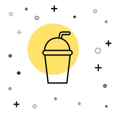 Siyah çizgi kağıt bardak, beyaz arka planda izole edilmiş saman ve su ikonu içeriyor. Soda bardağı. Taze soğuk içecek sembolü. Rastgele dinamik şekiller. Vektör İllüstrasyonu.