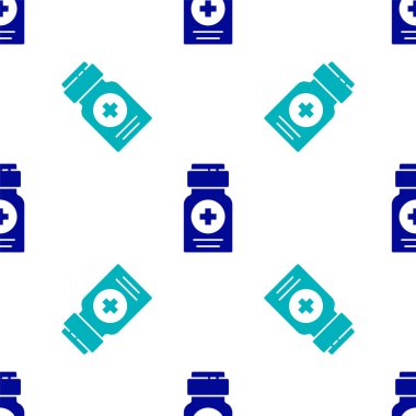 Mavi İlaç Şişesi ikonu beyaz arka planda izole edilmiş kusursuz desen. Şişe hapı işareti. Eczane tasarımı. Vektör İllüstrasyonu.