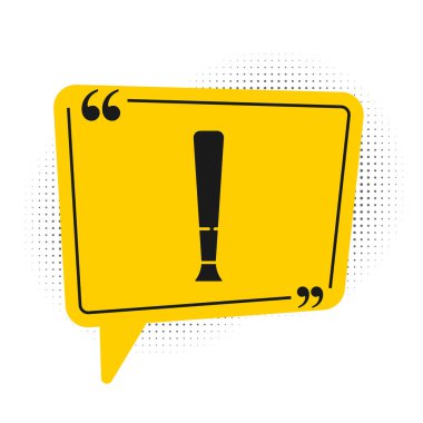 Siyah beyzbol sopası simgesi beyaz arkaplanda izole edilmiş. Spor malzemeleri. Sarı konuşma balonu sembolü. Vektör İllüstrasyonu.