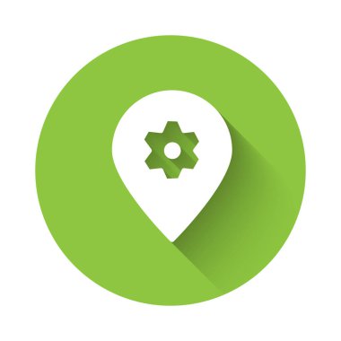 Araba servisi simgesine sahip beyaz konum uzun gölgeli izole edilmiş. Otomobil tamircisi. Tamirci oto tamircisi. Yeşil daire düğmesi. Vektör İllüstrasyonu.